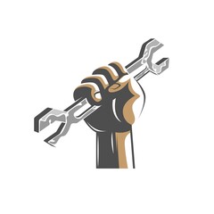 A logo of plumber or mechanic hand in a fist holding a wrench or spanner vector 