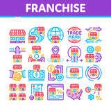 Fototapeta Londyn - Franchise Business Collection Icons Set Vector. Franchise And Trade Mark, Wideworld Branches And Dollar, Handshake And Contract Concept Linear Pictograms. Color Illustrations