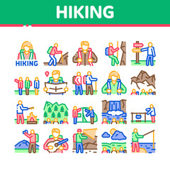 Poster - Hiking Extreme Tourism Collection Icons Set Vector. Hiking Tourist And Bard With Guitar, Fisherman And Photographer, Camp And Waterfall Concept Linear Pictograms. Color Illustrations