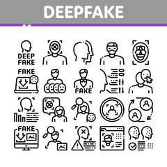 Poster - Deepfake Face Fake Collection Icons Set Vector. Human Face Research And Change, Computer Video Analysis And Downloading Image Concept Linear Pictograms. Monochrome Contour Illustrations