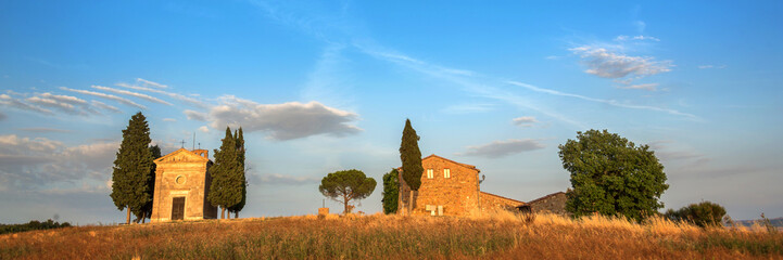 Wall Mural - panorama of vitaleta chapel, tuscan landscape near san quirico d'orcia, siena, tuscany, italy