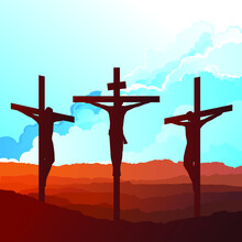 Silhouetted Depiction Of The Crucifixion Of Christ And Two Thieves Collectively Referred To As The Passion Set Against A Blue Cloudy Sky Background