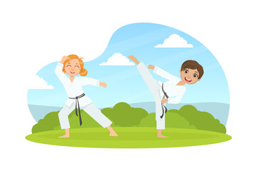 Children Asian Martial Art Fighters, Cute Boy and Girl Athletes Practicing Karate Technique, Kids Wearing Kimono Training Outdoors Cartoon Vector Illustration