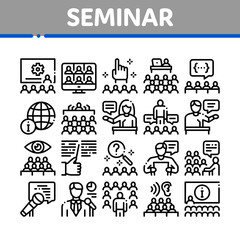 Poster - Seminar Conference Collection Icons Set Vector. Seminar In Meeting Room, Online Communication And Presentation, Speaker And Lector Concept Linear Pictograms. Monochrome Contour Illustrations