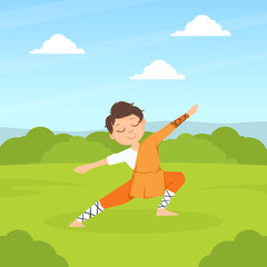 Sticker - Kid Asian Martial Art Fighter, Cute Boy Athlete Practicing Wushu Technique Outdoors Cartoon Vector Illustration