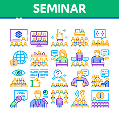 Poster - Seminar Conference Collection Icons Set Vector. Seminar In Meeting Room, Online Communication And Presentation, Speaker And Lector Concept Linear Pictograms. Color Illustrations