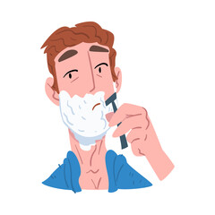 Canvas Print - Man Shaving his Face with Foam, People Activity Daily Routine Cartoon Style Vector Illustration on White Background