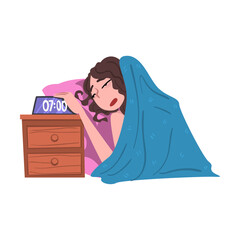 Wall Mural - Young Woman Sleeping on her Bed Being Woken Up by Alarm Clock, People Activity Daily Routine Cartoon Style Vector Illustration on White Background