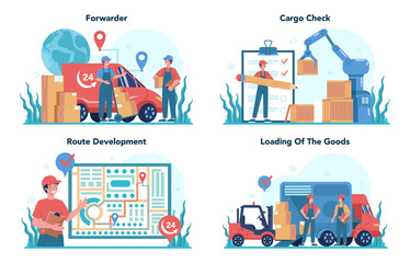 Wall Mural - Forwarder concept set. Loader in uniform delivering a cargo. Delivery man