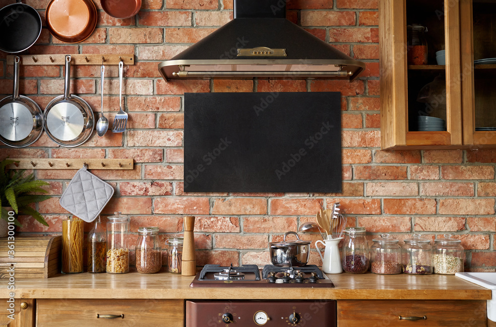 Mock up of chalkboard in kitchen interior. Panoramic background with kitchen utensils. - obrazy, fototapety, plakaty 