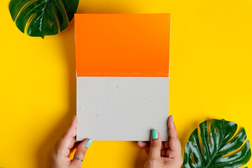 Female's hands are holding empty mockup duotone white orange brochure with leaf