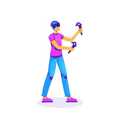 Poster - Man play with VR controllers flat color vector faceless character