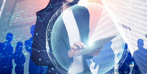 Aufkleber - Businesswoman using tablet computer for online communication, collage with silhouettes of people and global network mesh