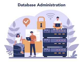 Poster - Data base administrator concept. Female and male character working