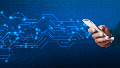Fototapete - Technologies and innovations. Collage with businessman holding smartphone and electric circuit lines, copy space