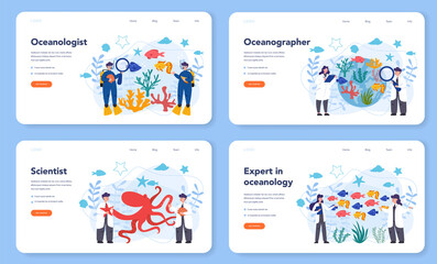  Oceanologist web banner or landing page set. Oceanography scientist.