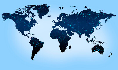 Fototapete - Illustration with world map and global polygonal network, blue background. Panorama