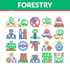 Wall Mural - Forestry Lumberjack Collection Icons Set Vector. Forestry Working Equipment And Tree Safe Fence, Animal And Forest Protection Concept Linear Pictograms. Color Illustrations