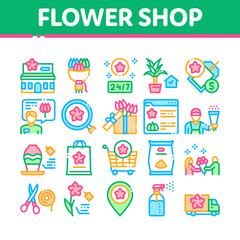 Poster - Flower Shop Boutique Collection Icons Set Vector. Flower Store Building And Delivery, Floral Present And Vase, Internet Web Site And Bag Concept Linear Pictograms. Color Illustrations