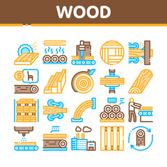 Poster - Wood Production Plant Collection Icons Set Vector. Wood Sawmill And Forestry Equipment, Timber And Lumber, Factory And Wooden Fence Concept Linear Pictograms. Color Illustrations