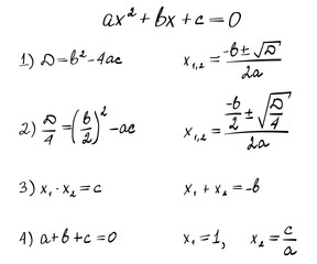 Quadratic equation formula. Solution task scheme. Trigonometric background. Education, getting classes, school program Higher.Handwritten math text. Grouped and isolated on white. Vector illustration