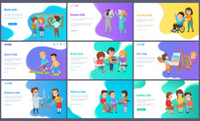 Clubs Of Interest Like Sport And Drama, Hobby And Book, Art And Science, History And Math Or Charity. Kids Actively Spend Time Playing Or Acting, Reading Or Painting. Vector Illustration In Flat Style