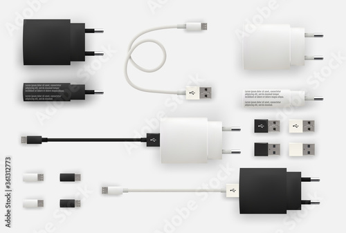 Fotomural Realistic 3D USB micro cables, connectors, sockets and plug