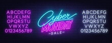 Cyber Monday sale neon sign. Neon alphabet on brick wall background. Template for a design.