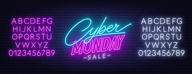 Poster - Cyber Monday sale neon sign. Neon alphabet on brick wall background. Template for a design.