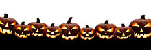 A Large Group Of Nine Spooky Halloween Lanterns, Jack O Lantern, With Evil Face And Eyes Isolated Against A White Background.