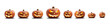 A group of eight lit spooky halloween pumpkins, Jack O Lantern with evil face and eyes isolated against a white background.
