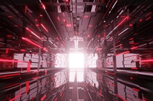 3D Illustration Of A Red Sci-fi Hallway Architecture. Futuristic And Technological Design Of A Corridor In Space. Cyberpunk And Valorant Styled Hall Interior. Modern And Scientific Danger Concept.