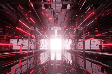 3D illustration of a red sci-fi hallway architecture. Futuristic and technological design of a corridor in space. Cyberpunk and Valorant styled hall interior. Modern and scientific danger concept.