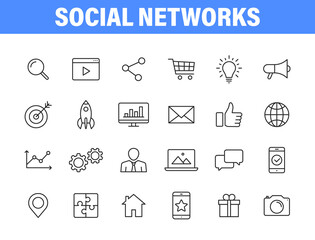 Wall Mural - set of 24 social networks web icons in line style. marketing, feedback, management, target, like, co