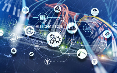 Business process automation concept on blurred network cabinets. New project 2020.