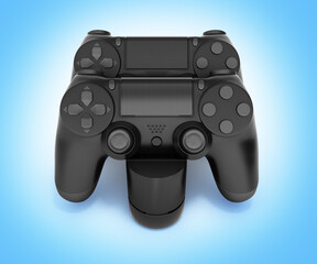 Wall Mural - Two black gamepads at the docking station on blue gradient 3d rendering