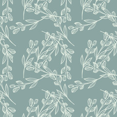 Wall Mural - Creative line art leaf seamless pattern on green background. Hand drawn floral botanical wallpaper.