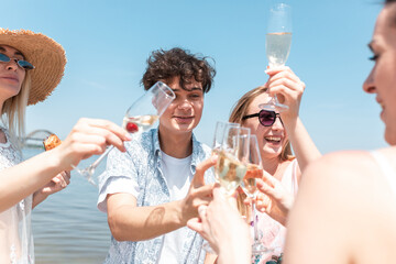 Wall Mural - Close up clinking, cheers. Seasonal feast at beach resort. Group of friends celebrating, resting, having fun in sunny summer day. Look happy and cheerful. Festive time, wellness, holiday, party.