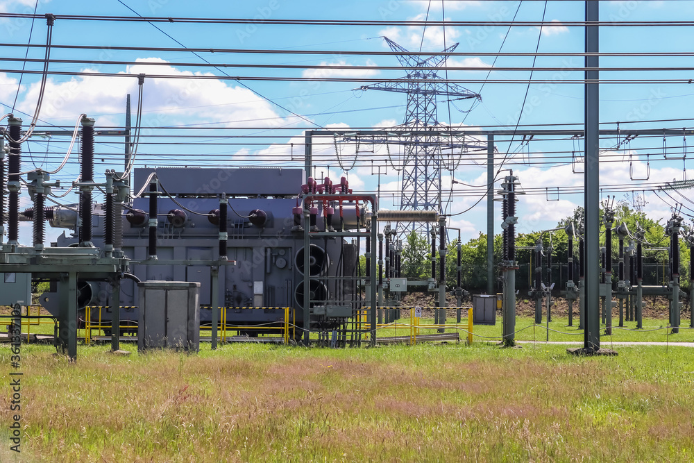 Electrical Transformer. Distribution of electric energy at a big ...
