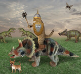 Fototapeta Sawanna - The beige cat knight in a boots and a helmet with a spiked mace and a shield is riding a war triceratops in the field where other dinosaurs are grazing. His dog is next to him.