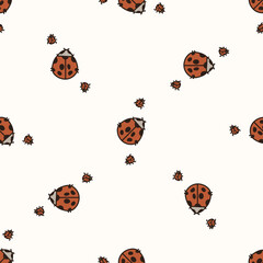 Sticker - Seamless background two ladybug beetle gender neutral baby pattern. Simple whimsical minimal earthy 2 tone color. Kids nursery wallpaper or boho woodland nature fashion all over print.