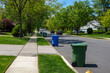 View down a residential tree lined street with green and blue trash bins lined up for collection