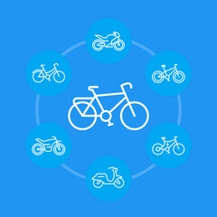 Canvas Print - Bikes icons in linear style, cycling, bicycles, motorcycle, motorbike, scooter