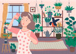 Pretty brunette woman taking selfie on phone at home. Many plants, flowers and cactuses on background in house like in orangery vector illustration