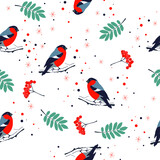 Fototapeta  - Seamless Christmas pattern with birds, berries and snowflakes.