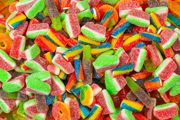 Assorted gummy candies. Top view. Jelly  sweets background.