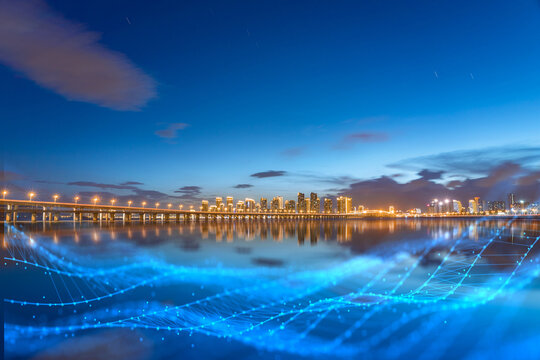 Wall Mural -  - Xiamen blue tone skyline synthesized by particle lines