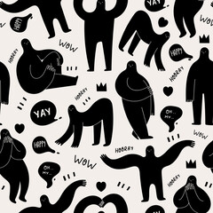 Various strange creatures or people with long arms and small heads. Black Shadows. Cute disproportionate characters in different poses. Abstract Vector Seamless Pattern. Background, Wallpaper