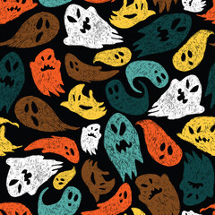 Vector black colourful cute sketch of cartoon ghosts seamless pattern. Background for halloween posters, greeting cards, invitations, web design, wrapping paper.