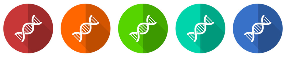 Poster - Dna, genetic molecule icon set, red, blue, green and orange flat design web buttons isolated on white background, vector illustration